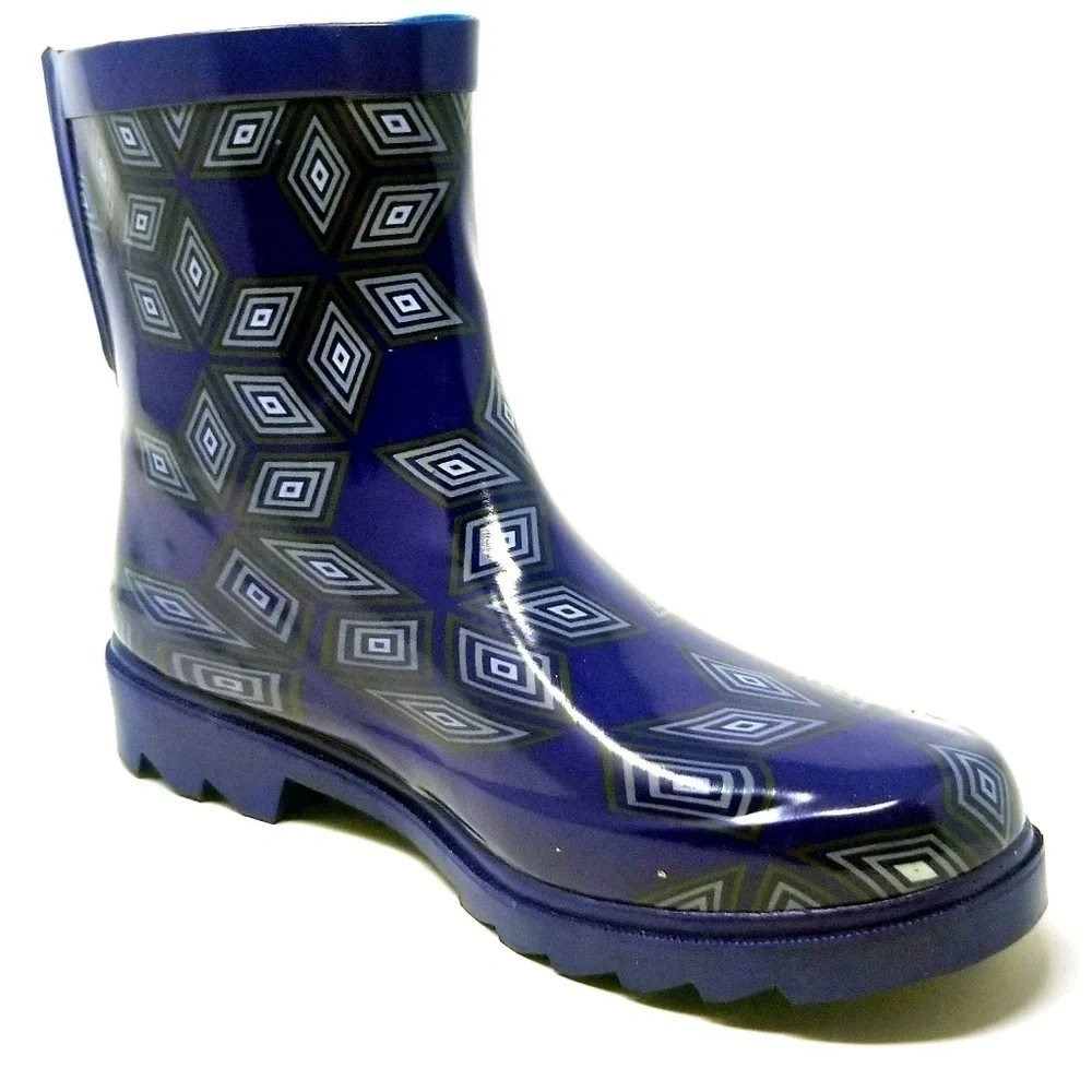 Women's Rainboots, Rubber Ankle Rain Boots, #3160, Blue Geometric Pattern